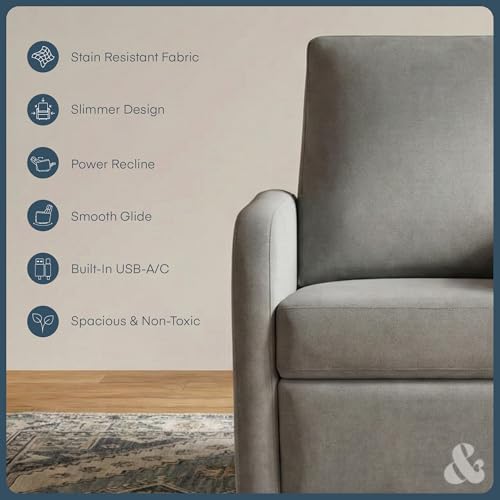 Image of Nurture& The Porto Power Glider Recliner for Nursery | Modern Glider Chair with Power Recline | Built - in USB Charging Port | Space-Saving Design for Small Nurseries and Shared Spaces, Grey