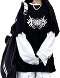 AIDISEN Goth Shirt Fake Two Piece Alternative Clothing Retro Baggy Long-Sleeved Top Garbage T-Shirts (Black,3X-Large)