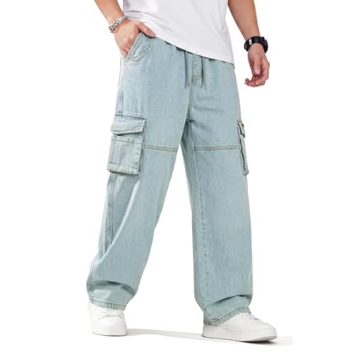 Heyfanee Mens Baggy Cargo Jeans Wide Leg Y2K Elastic Waist Denim Pants for Men with Drawstring Streetwear