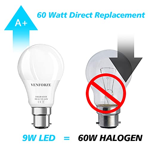 Venforze Bayonet Light Bulbs, 9W(Equivalent to 60W) 6000K Cool White B22 LED Bulb, 940LM A60 Bayonet Bulbs, Non Dimmable BC GLS Energy Saving Light Bulbs, Pack of 6 - Image 3