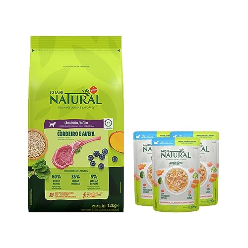 Ração Guabi Natural Cães Adultos Porte Médio Cordeiro e Aveia 12 kg + Sachês