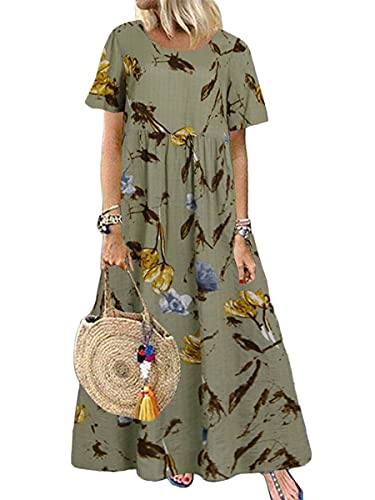 Onsoyours Sommerkleid Leinen Kleider Damen Casual V-Ausschnitt Maxi Kleid Strandkleider A-Linie Kleid Boho Lange Kleider X Grün 48