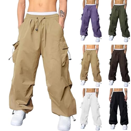 Men's Baggy Cargo Pants Loose-Fit Drawstring Elastic Waist Soild Color Casual Sweatpants with Pockets