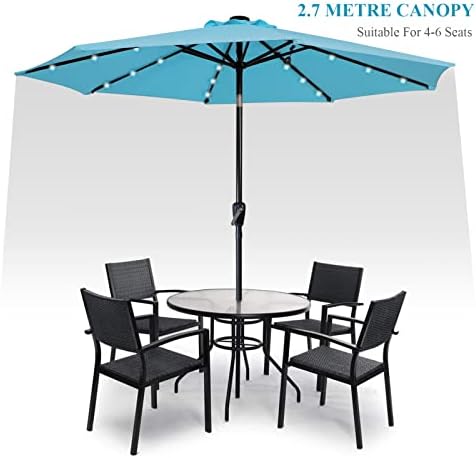 CAMORSA 2.7M Garden Parasol with Solar-Powered LED Lights, Patio Umbrella with 8 Sturdy Ribs, Outdoor Sunshade Canopy with Crank and Tilt Mechanism UV Protection for Deck, Patio and Balcony (Sky Blue)