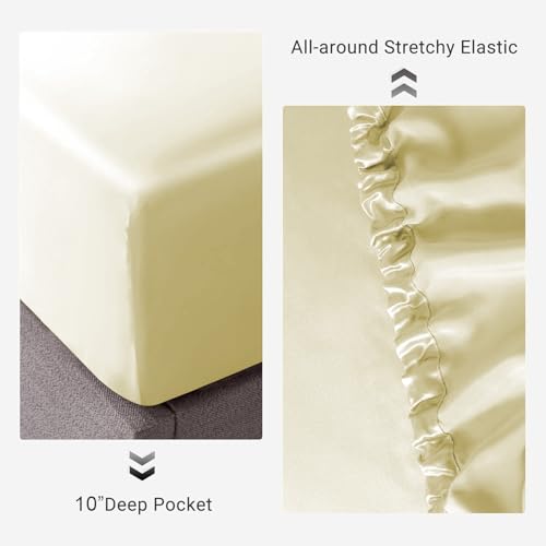Image of Soft and Silk Satin Fitted Bedsheet for Single Size 36X75 +12 in - Elastic Fitted Sheet 400 TC Hotel Collection for Bedroom | Fitted Sheet with Pillow Cover - Ivory, Single Bed