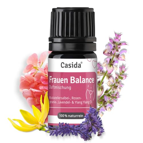 Casida Mezcla aromática de equilibrio para mujeres con aceite de salvia, aceite de geranio rosa, aceite de lavanda y aceite de ylang ylang, 5 ml, aceites esenciales 100% naturales, aromaterapia para