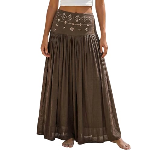 Jupe longue en lin femme bohème chic jupe plissée coton été vintage unie