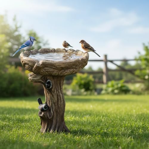 Image of SunJet 23 Inch High Wood-Look Concrete Bird Bath with Decorative Faux Bird - Birdbath Rustic & Long-Lasting Design, Enhances Garden, Patio, Yard, Lawn Decor