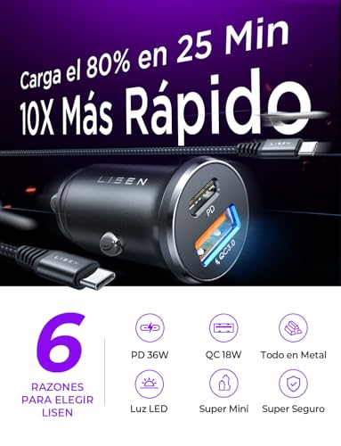 LISEN Cargador Coche Mechero Carga Rápida USB C 69W+60W Cable, Gadgets Coche 12/24V Carregador Isqueiro Carro Flash del Dia, Accesorios Coche para Camper iPhone 17 Pro MAX 16 15 Samsung S25 Xiaomi
