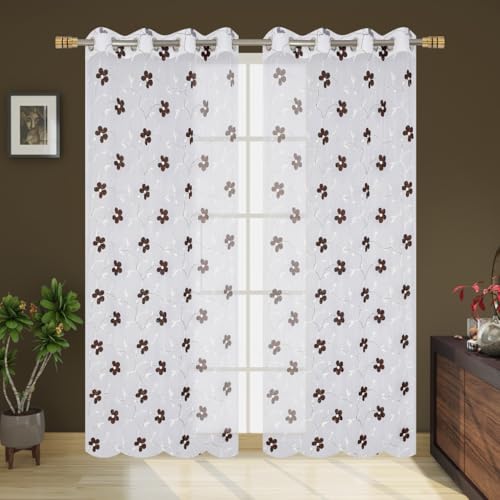 Image of Embroidered Floral Sheer Net Curtain for Window - 5x4 Feet - Transparent Golden Net Curtain - Pack of 1 - Elegant Lightweight Decor for Living Room & Bedroom