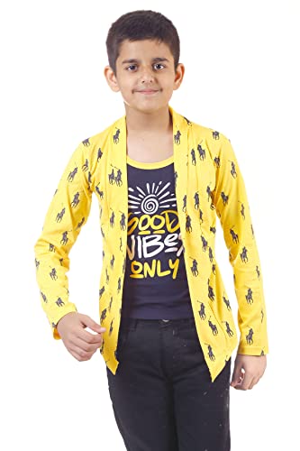Image of Boys Full Sleeve Cotton Black Printed T-Shirt with Attached Yellow Jacket Shrug Look Smart and Comfortable for Any Casual and Festive Purpose