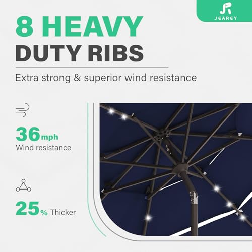 Image of JEAREY 3 Tiers Patio Umbrella with Solar Lights 9ft Outdoor Market Table Umbrellas with Push Button Tilt for Outside Pool Garden, Navy Blue