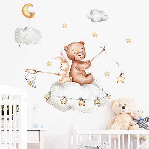 Image of Cute Bear and Bunny on Clouds Nursery Decor Cute Bear and Rabbit with Clouds Stars Wall Decals Vinyl Wall Stickers for Kids Boys Girls Bedroom Daycare Classroom Playroom and Kids Room Wall Decor