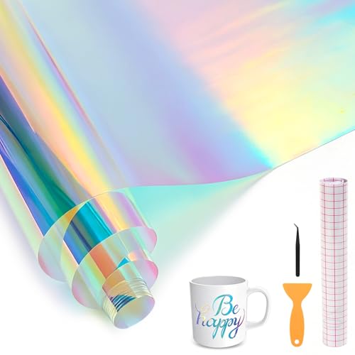 FALSKT Vinilo Textil Termoadhesivo Vinilo Permanente Impermeable Adhesivo lámina de transferencia flexible para planchado DIY 30,5cm x 300cm (Espectro Holográfico),Papel de Transferencia,Scraper,pinza