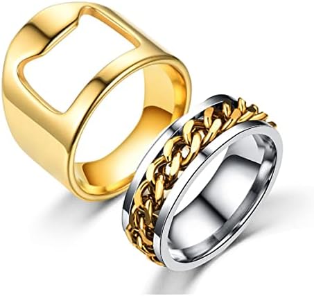 COLORFUL BLING 2pcs Stainless Steel Bottle Opener Rings Set Spinner Chain Thumb Beer Bar Opening Ring for Men Women Creative Party Jewelry image 5