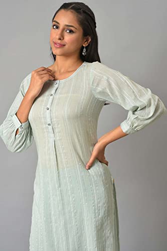Image of Aurelia Women's Cotton Regular Fit Leno Stripe Regular Kurta
