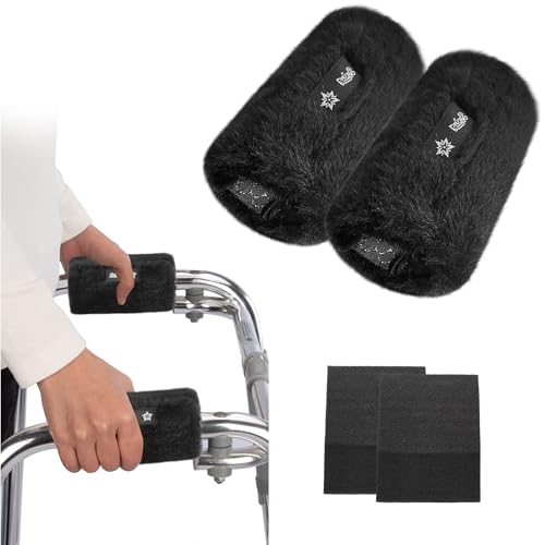 SPRING SEAON Walker Hand Pads Fluffy Walker Handle Cushions Non-Slip Universal Walker Grips Padded Hand Covers Soft Pads for Walkers for Seniors Walker Pads for Handles Folding Rolling Wheelchair, Rollator Handle, Elderly Grippers 2 Pack (Black)