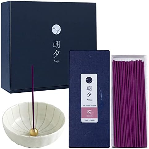 Asayu Japan Low Smoke Incense Gift Set with Incense Holder and Brass Stand, Sakura Incense Sticks with White Lotus Holder (Sakura Cherry Blossom + White Lotus Holder)
