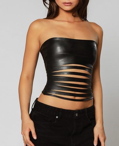 Women PU Leather Strapless Tube Top Ruched Cut Slim Sleeveless Ripped Bandeau Cropped Camisole Corset Shirts Zip Up Back Y2K4