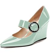 WAYDERNS Womens Buckle Adjustable Strap Patent Casual Pointed Toe Office Mary Jane Wedge High Hee...