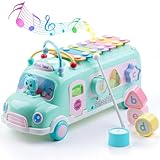 5-in-1 Baby School Bus Xylophone Toys for 1 Year Old Girl Gifts, Educational Baby Toy 6-12-18 Month, 1st Birthday Gril Gift, Toddlers Montessori Musical Baby Bus with Shape Sorter & Knock Hammer