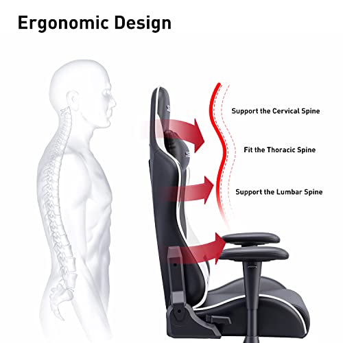 Hbada Gaming Chair Ergonomic Racing Chair High-Back Computer Chair with Height Adjustable Headrest and Lumbar Support E-Sports Swivel Chair, White