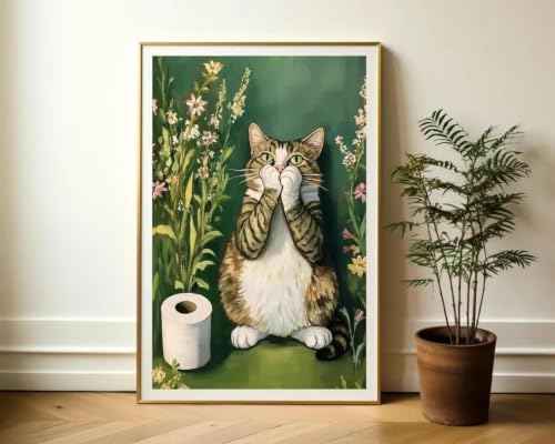 Poster chat rigolo papier toilette vert : la solution pour embellir un mur de WC
