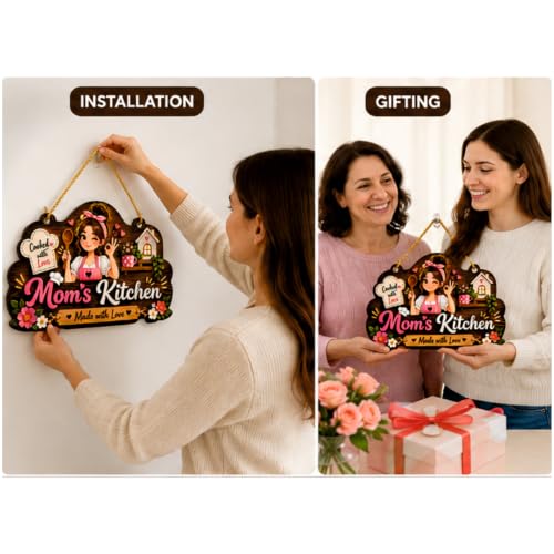 Image of DAKSHESTRY ARTWORKS Mom's Kitchen Wooden Hanging Sign | Cute Kitchen Wall Decor with inchMade with Love inch Quote | Decorative Door & Wall Hanging Plaque for Home, Dining Area, Restaurant, Cafe & Housewarming Gift