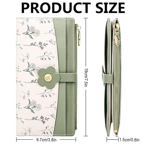 Image of Farcauo Long Floral Womens Wallet Cute Wallets for Women Green Women's Wallet Kawaii Flower Card Wallets for Women Ladies