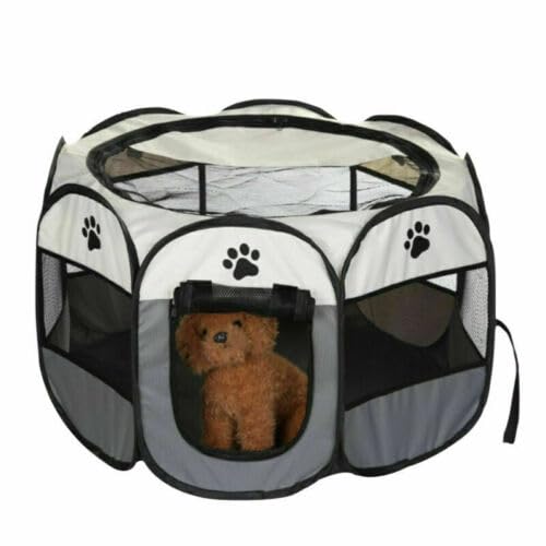 KNWER CLOTHING Portable Pet Playpen, Foldable Dog Cat Cage Indoor Puppy Play Pen, Breathable Mesh Pet Carrier Kennel Soft Tent For Large Dogs Travel Puppies Playpens (Grey/Beige, 91 * 91 * 58 cm)