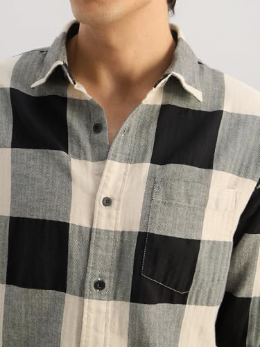 Image of The Souled Store: Blue Sails Men and Boys Long Sleeve Collared Neck Button Front Blue and Cream Checked Embroidered Regular Fit Cotton Linen Shirt