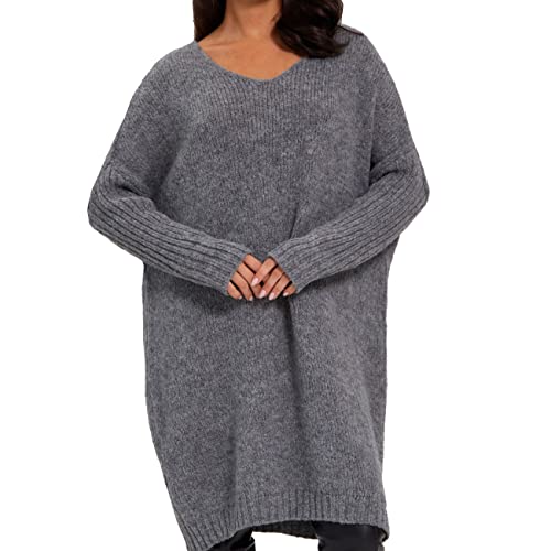 SOVENTUS FASHION Damen Strickkleid V-Ausschnitt - grobmaschiger Strickpullover im Oversize-Look, ideal als stylischer Damen-Pullover für die...