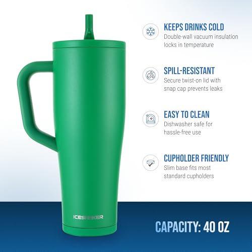 Image of Ice Shaker 40 oz Tumbler with Handle and Straw | 40oz Green | Cold for 30+ Hours | 2-in-1 Tumbler Shaker Bottle | Odor-Free 40 ounce Bottle for Water, Protein Shakes, Smoothies, Cocktails