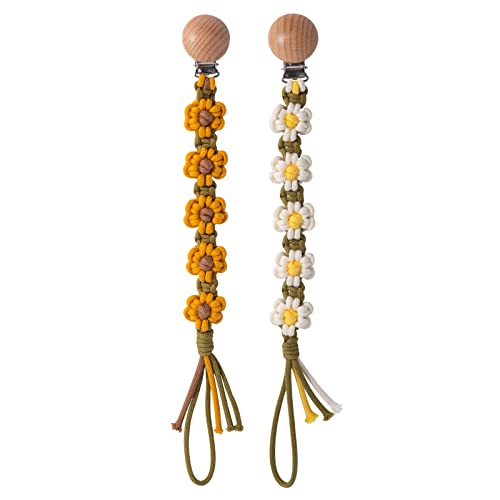 Image of Symbolife Pacifier Clip for Boys Girls Flower Daisy Macrame Pacifier Holder Leash Boho Wooden Clips Handmade Braided Cotton Paci Clip Baby Shower Birthday Gift