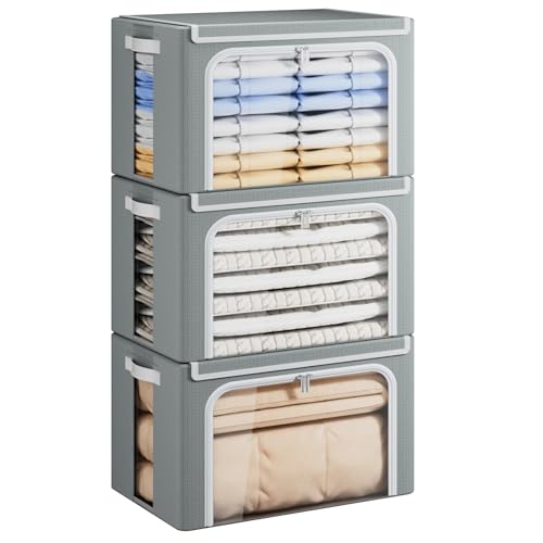 Image of Yecaye Large Clothes Storage Bins with Metal Frame, Foldable Clothing Storage Bin with Lid, Stackable Oxford Fabric Organizer Box With Clear Window & Zippers & PU Leather Handles (3 Pack, Grey, 66L)