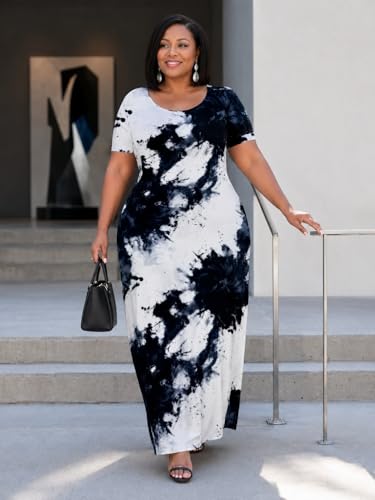Image of SUZONANA Plus Size Maxi Dress for Curvy Women Summer Casual Sundress Short Sleeve Loose Vacation Dress