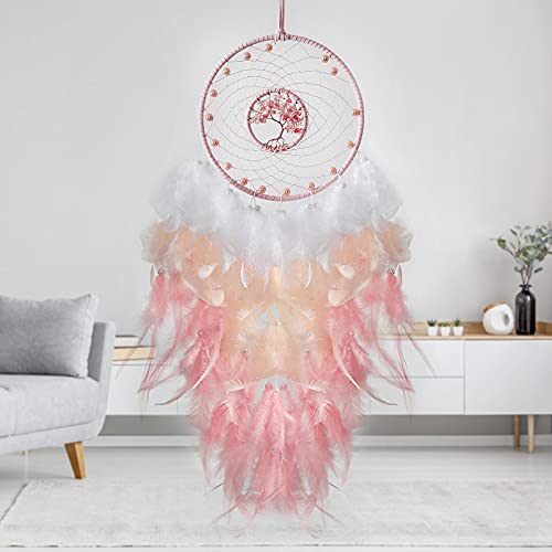 LOMOHOO Traumfänger, Baum des Lebens, rosa Feder, Traumfänger, Wanddekoration mit natürlichem Heilkristallstein, perfekte handgefertigte Heimdekoration und Schlafzimmer-Dekoration Cover