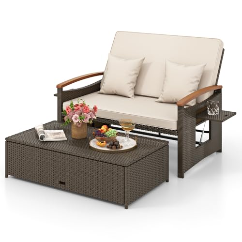 GIANTEX Salon de Jardin 2 Personnes en Rotin, Canapé de Jardin Extensible avec Banc de Rangement, Table Basse, Dossier Réglable à 4 Niveaux, Repose-Pied,...