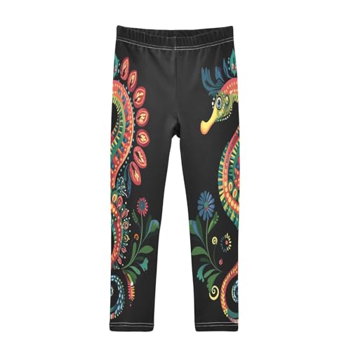 Seahorse Traditional Mandala Floral Girls Casual Leggings for Kids Printed Long Pant Bottoms Stretch and Soft