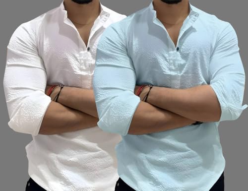 Image of MiraMichi Men's Cotton Blend Kurta | Kurta for Men Stylish Casual Short Kurta | Half Kurta Shirt Daily Use for Summer Season | Mandarin Collar Cotton Kurta's for Man Comfort