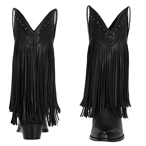 Shesole Women's Fringe Western Boots Wide Calf Riding Cowgirl Cowboy Boots Black Us 7 #TOP1