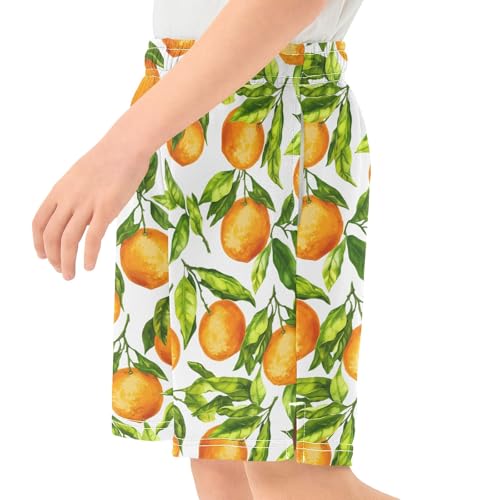 CHIFIGNO Oranges Green Leaves White Boys Baseball Shorts Wide-Leg Boys Cool Shorts for Summer Outings with Pockets XS4