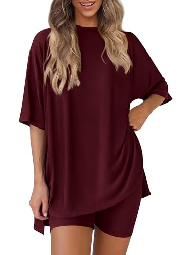 PRETTYGARDEN Women 2 Piece Lounge Set 2026 Summer Casual Oversized Shirts Biker Shorts Matching Airport Travel Outfit Clothes (Wine Red Large)