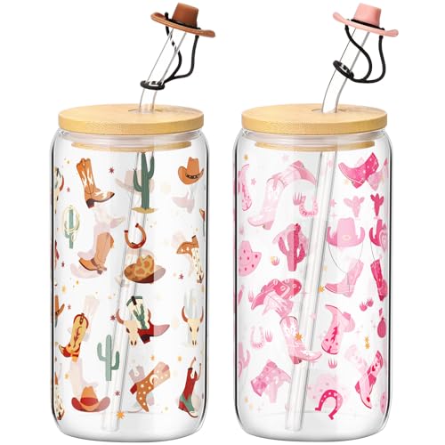 Baderke 2 Sets Western Cowgirl Beer Can 16 oz Drinking Cups with Bamboo Lid Glass Straw and Cleaning Brush Cowboy Boots Iced Coffee Cup Reusable Tumbler for Party Favors Gifts