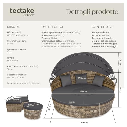tectake® Isola Prendisole in Rattan, Isola Divano da Esterno con Tettuccio Parasole Pieghevole, Morbidi Cuscini, Componibile, Tavolino e Lettino, Resistente ai Raggi UV, per Giardino - Naturale