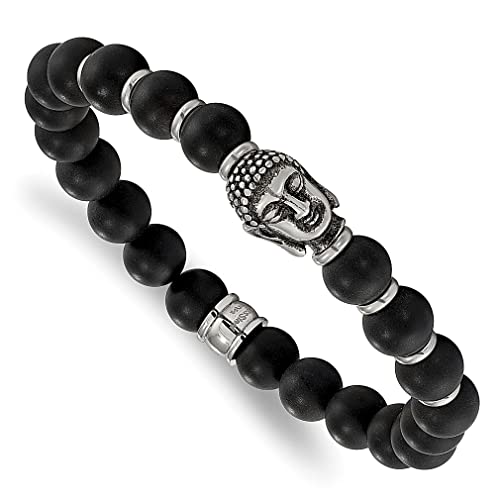 Ice Carats Stainless Steel Vintage Buddha 8Mm Black Agate Beaded Stretch Bracelet Religious Adjustable Wrap Men Natural Stone Shell Wood Fashion Jewelry For Dad Mens Gifts For Him #TOP13