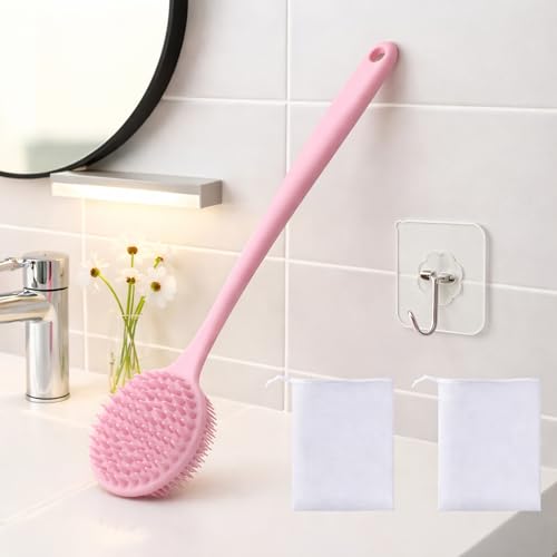 Image of Silicone Body Scrubber for Shower Men Women - Dual-Sided Exfoliating & Massage Shower Brush with Long Handle, Creates Rich Lather, Includes 1 Hook & 2 Lather Balls (Pink).