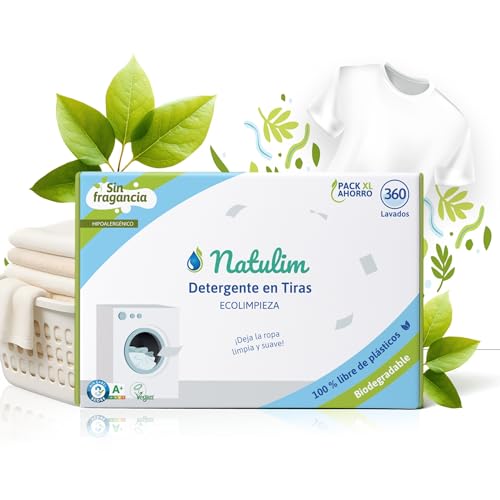 Natulim - Detergente en Tiras para Lavadora (360 Lavados) - Incluye efecto Suavizante, Ecológico, Hipoalergénico, Made in Spain - Ropa limpia y suave sin ensuciar el Planeta (Sin Fragancia)