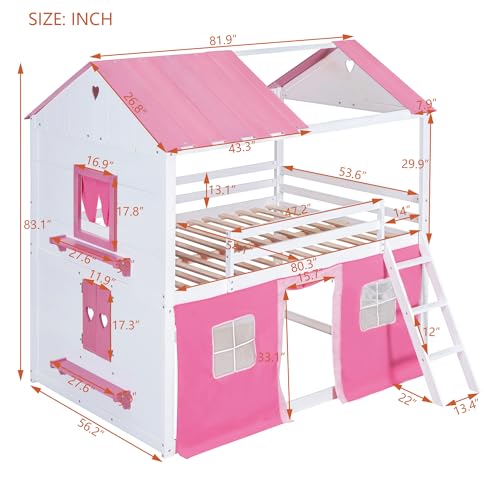 SOFTSEA Full Over Full House Bunk Bed for Kids, Wooden Floor Bunk Bed with Slide Ladder and Guardrails for Girls, Pink