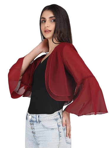 Image of AOL Women's Cropped Layered Lightweight Sheer Three-Fourth Bell Sleeves Georgette Open Neck Shrug Bolero